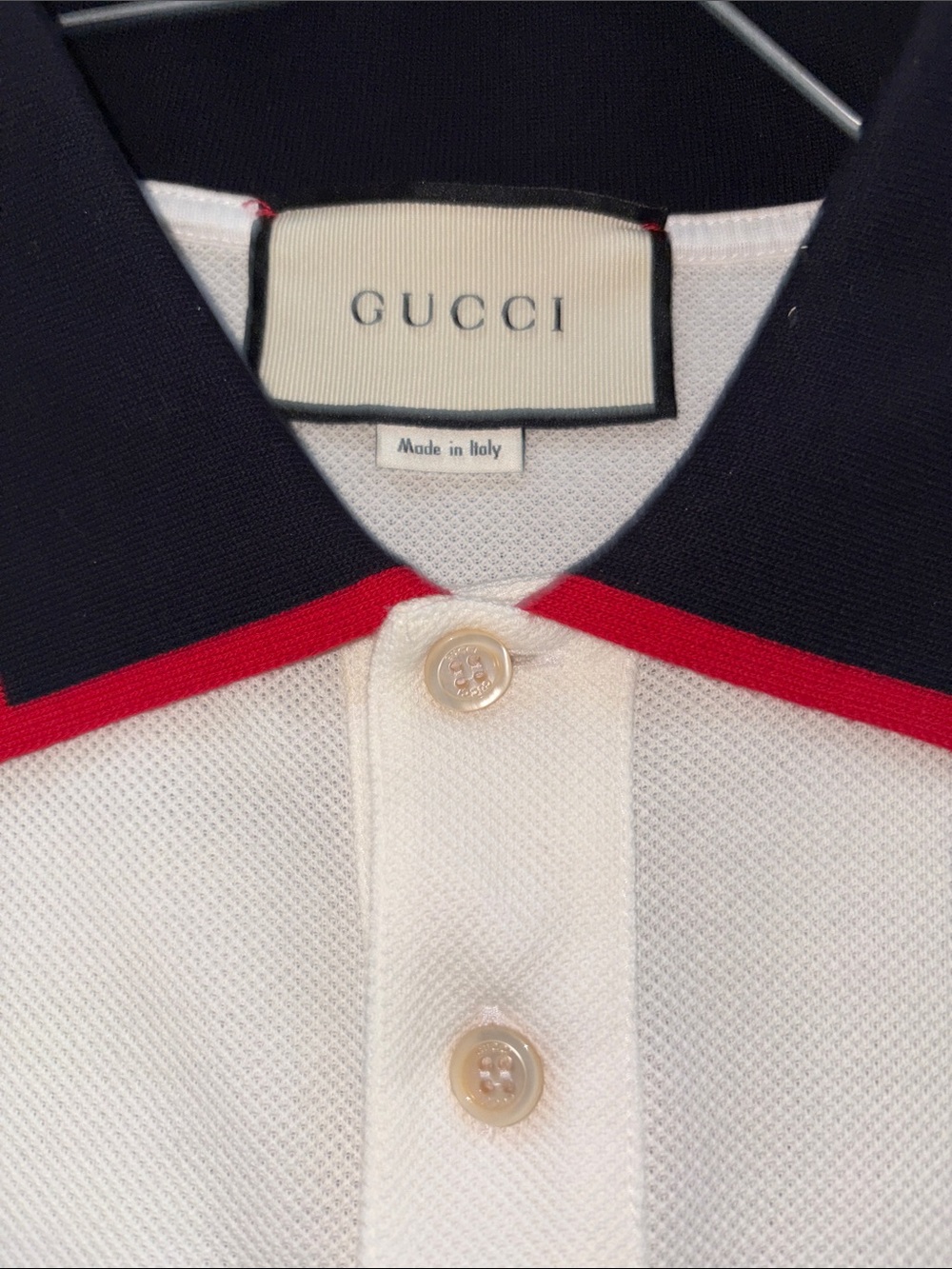 Gucci White Long Sleeve Polo with Green and Red Stripe Accents and Navy Collar - Picture 2 of 6